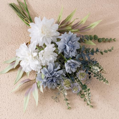 KARLOR Kunstblumen weiß blau Dahlien Künstlich Blumenstrauß Pflanzen Blumen Deko Seidenblumen Blumenarrangements Kernstück Hochzeit weiß Kunstblumen wie echt blau weiß Heim Tisch Deko