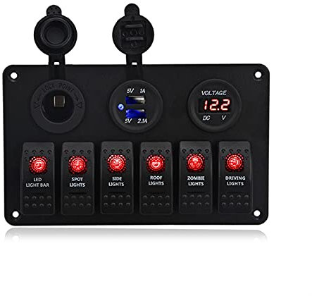 MUEOSI Panneau de Commutation à 6 Gangs, for Panneau de disjoncteur de Bateau de Voiture, Panneau de commutateur à Bascule de Yacht Marin 12v, Chargeur Double USB voltmètre Tableau électrique(Rot)