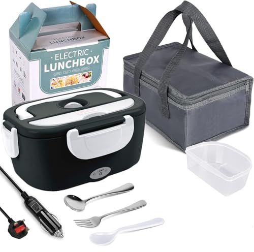 JIAKANUO Electric Lunch Box Food Warmer Portable Lunch Microwave Bento Box with SS Container 1.5 L Leak Proof, 230V/12V/24V for Car/Office/Trunk 3 in 1 with Fork&Spoon＆Insulated Lunch Bag (Black)