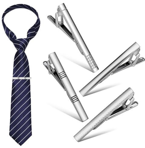 PACKOVE 4Pcs Tie Clips for Men Classic Silver Tie Bar Set Pinch Clips Necktie Clips for Business Wedding Graduation Daily Use, Boyfriend Husband Father Dad