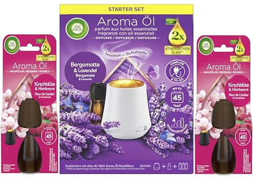 Air Wick Aroma-Öl Diffuser Starter-Set inklusive 1 Gerät, 1x20ml Bergamotte & Lavendel & 2x20ml Kirschblüte & Himbeere Nachfüller