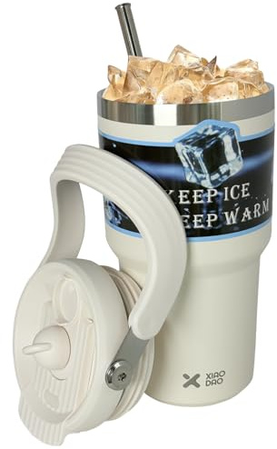 Liemuao Isolerad mugg, resekaffekoppar med sugrör och handtag, kopp i rostfritt stål, 100 % isolerad kopp, läckagesäker bilmugg för varmt och kallt kaffe, mjölk och te (vit, 600 ml)