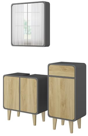 Vicco Badmöbel-Set Arla, Anthrazit/Eiche, 60 cm | besteht aus Waschbeckenunterschrank, Spiegelschrank und Midischrank