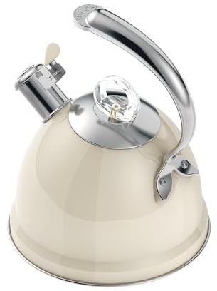 Harriet Wasserkessel Teekessel (2,36L), Edelstahl Pfeifkessel, 3-lagiger Boden, einzigartiger ergonomischer Griff, inklusive Topflappen und Unterlage, geeignet für Induktion und Gasherd (Weiß)