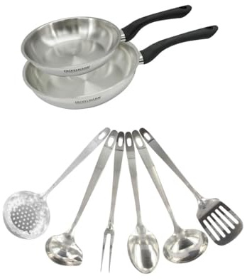 Fackelmann Set 2 Poêles 20 et 24 cm en Inox 18/8-6 Ustensiles pour Tous Feux et Induction, Sans PFAS - Acier Inoxydable, Gris Flanelle