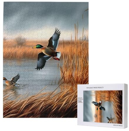 Jagd fliegende wilde Ente 1 gedrucktes Puzzle mit Aufbewahrungsbox, Holzpuzzle für Erwachsene und Kinder, 500 Teile Familienspaß, dekoratives Spiel