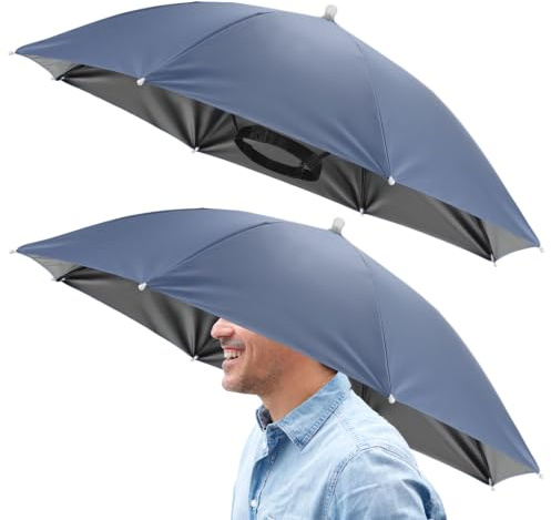 TIXIPEM 26 Headband Umbrella Hat [2 Pcs] - Hands Free Foldable Umbrella Cap Sun Hat Use for Fishing & Gardening & Golf & Camping & Hiking - [Misty Blue] Black Glue Top Outdoor