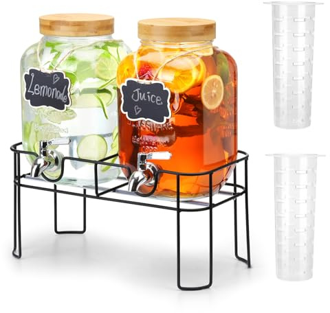 2 Pack 1 Gallon Glass Drink Dispenser with Bamboo Lid, Beverage Dispenser with Stand, Drink Machine for Lemonade, Iced Drinks Kombucha Dispenser