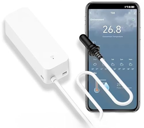 Kraslaw Temperatur- & Feuchtigkeitssensor WLAN + BLE mit externer Sonde | 2-Zonen Messung, Batteriebetrieb, Alarmbenachrichtigungen, App-Steuerung