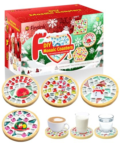 Finsink Mosaik bastelset kinder 4pcs Weihnachten Mosaik Untersetzer Bastelset DIY Holz Untersetzer Set Mosaiksteine zum basteln set Geburtstagsgeschenke für Kinder