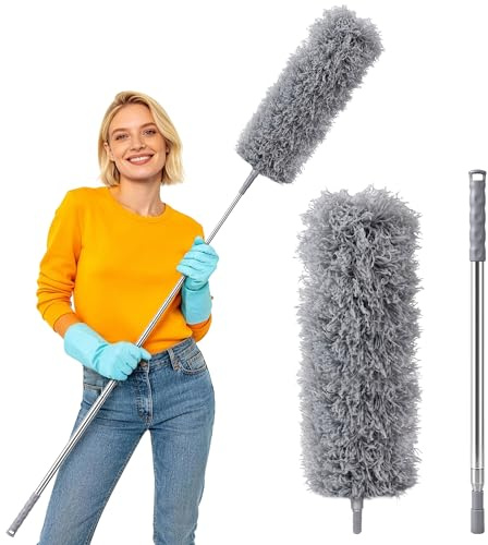 Elalove Staubwedel Teleskop waschbar, Edelstahl Teleskop Stange, Ausziehbar bis zu 250cm, mit Flexibler Winkelbürste - ideal für Decken, Kronleuchter, Ventilatoren & Spinnweben in hohen Bereichen