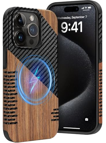 Dolstrap Robuste Coque iPhone Compatible avec Coque iPhone 15 Pro Max (Compatible avec Magsafe), (Bois Naturel & Fibre Texture de Carbone) Mince Case, Noir+Marron