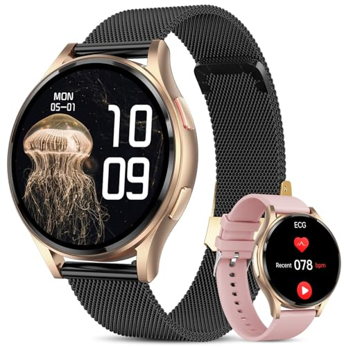 Lgnitek Smartwatch Damen mit EKG+HRV/BMI/Harnsäure, Rund 1,43 AMOLED Gesundheitsuhr mit 24H ΒΙυtdrυck Schlafmonitor Menstruationszyklus Fitness Tracker iOS Android, Schwarzes Milanaise-Armband