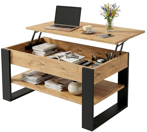 möbelkap Couchtisch mit anhebbarer Platte | Höhenverstellbarer Wohnzimmertisch mit Stauraum | Sofatisch Eiche Lancelot Schwarz modern mit Ablage & verstecktem Fach – Coffee Table für Wohnzimmer & Büro