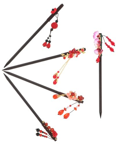 HONITANO 5 Pezzi Bastoncini per Capelli Cinesi Rossi con Nappa e Perla Floreale Accessori Vintage per Acconciature Chignon Decorazioni da Sposa e Capelli per Capodanno Stile Tradizionale