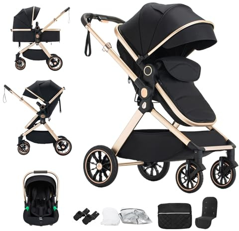 Mobayta Passeggino 3 in 1 passeggino cittadino passeggino compatto da 0 a 4 anni,Alluminio con paesaggio elevato combinazione passeggino trio (U9-X-BLACK, U9-X Regolabile in due direzioni)