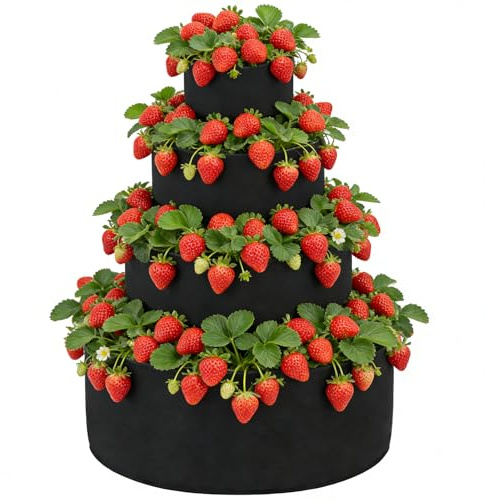 BOUTICOL 4 Tiered Black Fabric Strawberry Planter 36 28 20 12 inch Strawberry Tower Planter Stackable Planters Strawberry Grow Kit