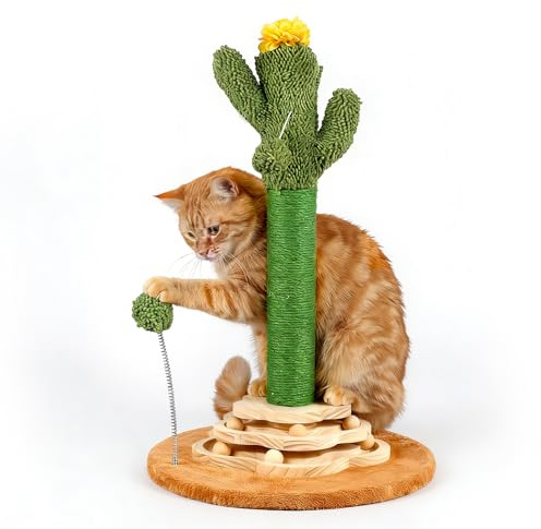 Árbol rascador de cactus para gatos, bonito poste rascador para gatos con bola interactiva, juguetes de bola de resorte de dos capas, rascador de sisal de pie para gatos y gatitos de interior