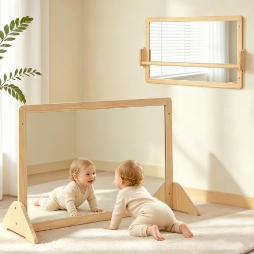 Brezlio Montessori Spiegel mit Stange – Höhenverstellbarer Baby Spiegel aus Holz für Aufrichten & Laufen Lernen – Sicherer Wandspiegel mit Anti-Dreh-Stange für Kleinkinder 6–18 Monate (97 * 60)