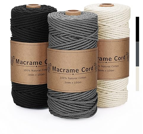 Corda Macramè 3mm Set, 3 Filo per Macramè 3mm x 100m - Filato Morbido in Cotone Naturale (Nero, Grigio, Beige) per Arazzi, Appendiabiti, Fai da Te e Decorazioni - 300 Metri Totali