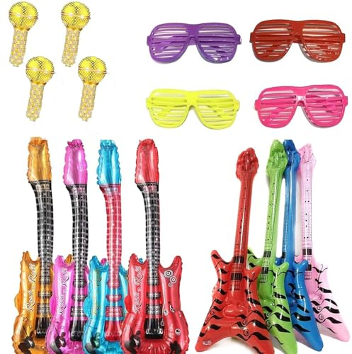 16 Pcs Inflatable Rock Musical Instrument Set, 4x Blow Up Guitars, 4x Sunglasses, 4x Bass Guitars &4x Microphones - Fun Party Props, Mamma Mia Party Decorations, Inflatable Party Props