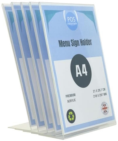 5 x A4 Portrait Menu Sign Holder Angled Acrylic Perspex Table Display Stand Copyholder - 100% Recyclable! Handmade in The UK!