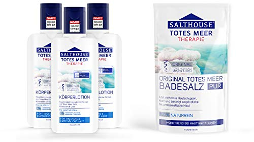 SALTHOUSE® Totes Meer Therapie Körperlotion Vorteilspack 3x 250 ml + 500 g SALTHOUSE® Original Totes Meer Therapie Badesalz PUR gratis!