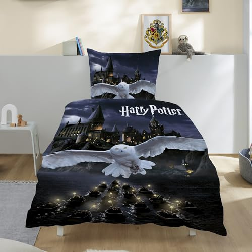 Familando – Harry Potter Bettwäsche-Set (2-teilig) – Decken- & Kissenbezug 135x200 cm & 80x80 cm mit Reißverschluss – Flanell aus 100% Baumwolle – Wendemotiv Hedwig & Hogwarts – Öko-TEX Zertifiziert