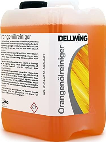 DELLWING Orangenölreiniger Konzentrat 5L – Premium Orangenreiniger Konzentrat/Universalreiniger mit Zitrusduft gegen Flecken, Fette, Öle, Klebereste und Harze | Universal Orangenreiniger, hochkonzentriert, Allzweckreinigungsmittel für Küche und Böden, Made in Germany