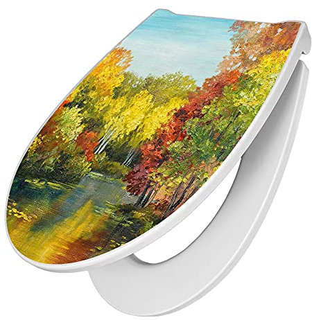 banjado Premium Toilettendeckel mit Absenkautomatik 45x38,4cm / WC Brille Soft Close/hygienischer Toilettendeckel/Klodeckel Duroplast mit Edelstahl Scharnier/Motiv Kanal Im Herbst