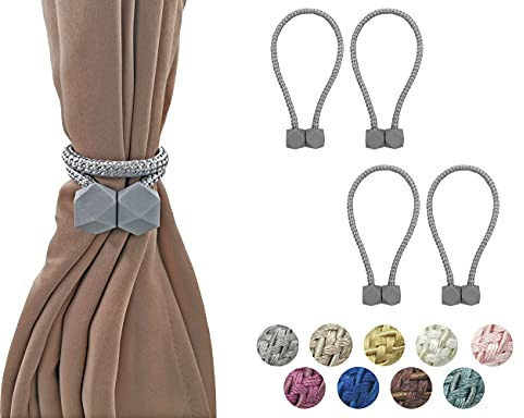 HYX 4 Piece Magnetic Curtain Tiebacks Holdbacks, Modern Curtain Tieback Clips, Curtain Rope Holder Tie Backs, Decorative Hold Backs for Home Office Decoration (Grey)