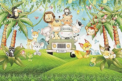 Renaiss 3.5x2.5m Dschungel Tiere Geburtstag Hintergrund Nettes Tier Grün Auto Palme Rasen Fotografie Hintergrund Kind Geburtstag Party Dekor Baby Dusche Kuchen Tisch Banner Fotostudio Requisiten