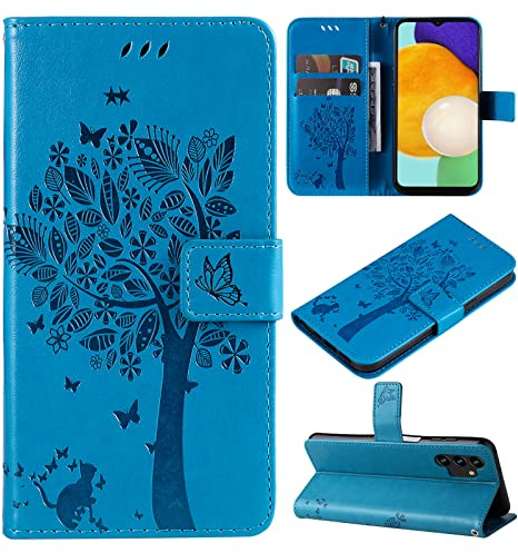 Fatcatparadise Kompatibel mit Samsung Galaxy A04S /A13 5G Hülle, Handyhülle Samsung A04S /A13 5G, Prägung Muster Schutzhülle PU Leder Wallet Case Klappbar Flip Hülle Brieftasche Ledertasche (Blau)