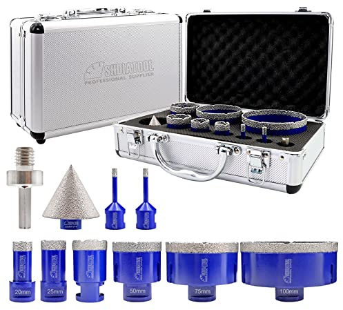 SHDIATOOL Dry Diamond Core Drill Bits M14 Thread 6/6/20/25/35/50/75/100mm and 50mm Chamfer Bits with HEX Adapter Vacuum Brazed for Porcelain Tile Granite Marble
