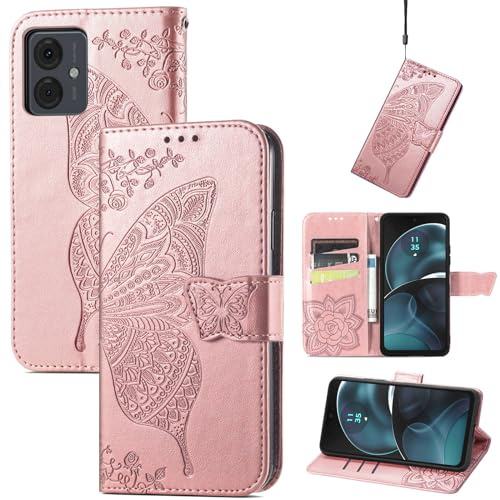 JIUNINE Funda Libro para Motorola Moto G14, Oro Rosa | Carcasa Tipo Cuero Sintético, Relieve Mariposas, Cierre Magnético, Ranuras para Tarjetas, Soporte Plegable, Protección 360°