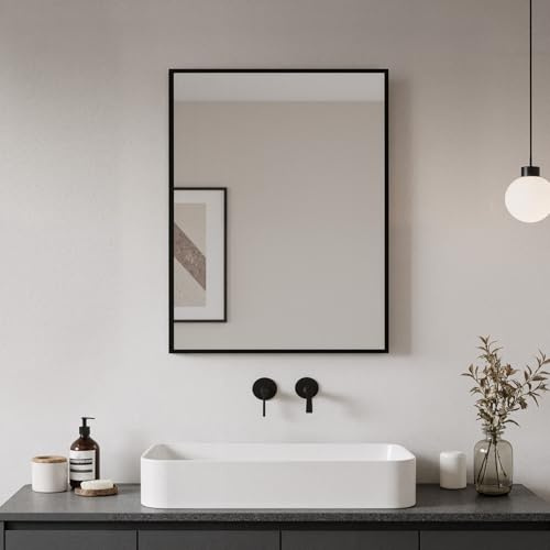 Heilmetz Bathroom Mirror 500 x 700 mm, Matt Black Aluminium Frame | Rectangular Wall-Mounted Mirror, Portrait or Landscape Installation