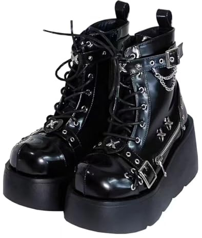 Ulalaza Women's Goth Platform Ankle Boots with Bat Wing Buckles Chunky Block Heels Round Toe Zipper Punk Motorcycle Combat Boots Comfy Short Gothic Booties