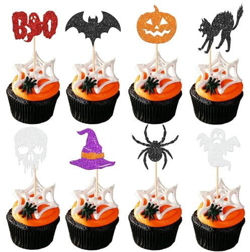 32 Stück Halloween Cupcake Toppers Glitzer Fledermaus Spinne Kürbis Geist Tortendeko für Baby Dusche Kinder Geburtstag Party Halloween Thema Party Cupcake Dekoration Zubehör