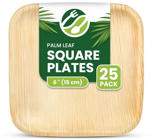 ECO Leaf 25 Disposable Square Palm Leaf Plates, 6 (15cm) – Eco-Friendly, Biodegradable, Compostable, Heavy-Duty Bamboo Plates for Desserts, Hot Food, Weddings, Picnics, BBQs, Oven Safe