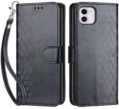 SIENIANLINE Handyhülle für iPhone 11 Leder Wallet Tasche Schwarz | 3 Kartenfächer & 1 Geldfach, Magnetverschluss, Ständerfunktion, robuste Premium PU Leder Klapphülle für iPhone 11