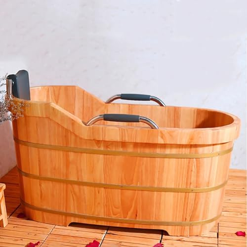 MegLob Holz Freistehende Badewanne Für Erwachsene, Massivholz-Spa-Einweichenwanne Mit Armlehnen, Zeitgenössischer Tiefen Soaker Allein Mit Abfluss Und PU-Kopfstütze,Oak,150cm/59.05