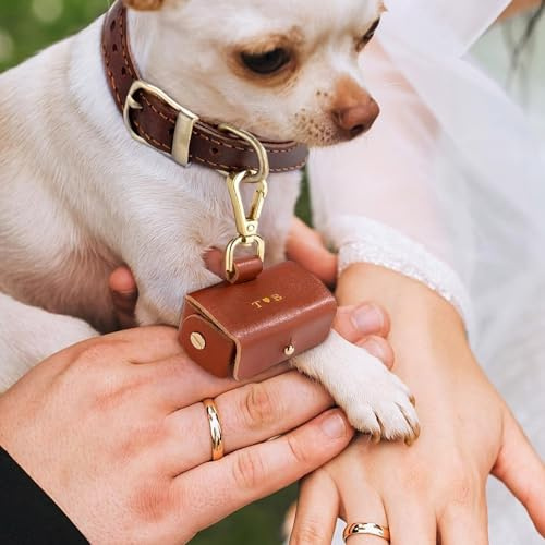 HDLOVE Personalisierte Hochzeit Ring Träger Tasche Für Hundehalsband, Leder-Ehering-Box-Halter Für Haustier, Personalisierter Ringträger-Hund, Ehering-Beutel, Geschenk Für Antrag, Hochzeiter(Brown)