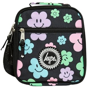 hype Unisex Lunch Box, Black Pastel Flowers | School food carrier with roomy insulated storage, thermal lining, bottle pocket, grab handle and easy-clean exterior