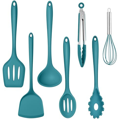 TEAMFAR Küchenhelfer, Antihaft Silikon Küchenset Küchenutensilien 7er Set, Hitzebeständiger Kochbesteck Kochutensilien Set mit Pfannenwender für Kochen, Ungiftig, Leicht zu reinigen, Blau