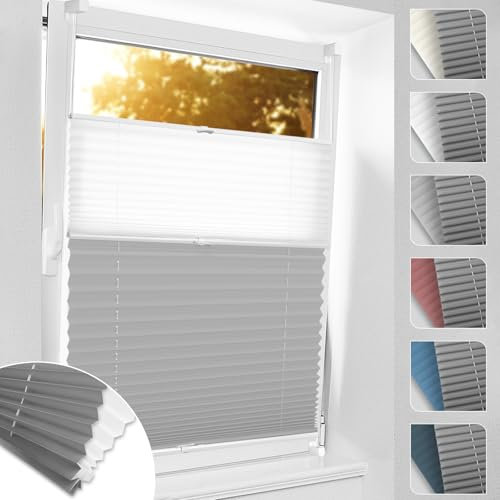 bobodeco Day Night Plissee Doppelplissee ohne Bohren Verdunkelung Klemmfix, 35x100 cm(BxH) Weiß-Grau Thermo Plissees 100% Verdunkelnd & lichtundurchlässig Aluminium für Fenster & Tür