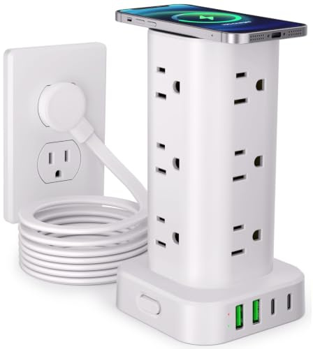 Power Strip with Wireless Charger, Flat Plug Surge Protector with 10ft Extension Cord, 12 AC Multi Outlets, 4 USB (2 USB C), Power Tower