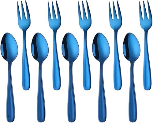YDware Edelstahl Espressolöffel Klein Kuchengabeln Set, 10 stück Espressolöffel Dessertgabeln Set, Obstgabeln Kaffeelöffel 136mm Läng, Wiederverwendbar (Blau)