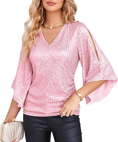 GRACE KARIN Women's Sequin Tops 3/4 Sleeve Glitter Sparkly Blouse for Party