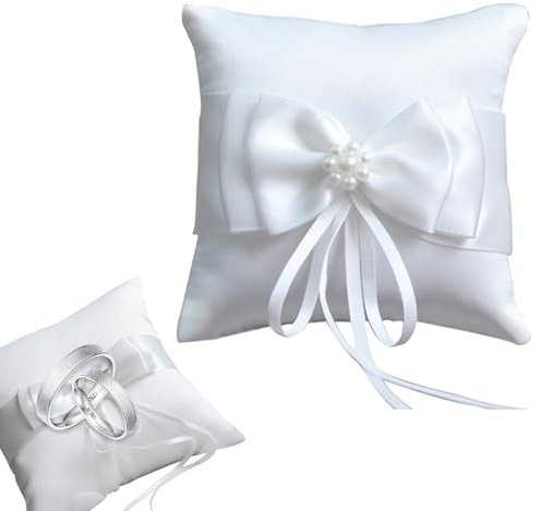 MIRKUZI Ringkissen, Ringkissen Hochzeit, Weiß Ring Bearer Kissen mit Simulation Perle Schöne Bowknot, für Verlobung Oder Eheringe Vintage (10 x10 cm)