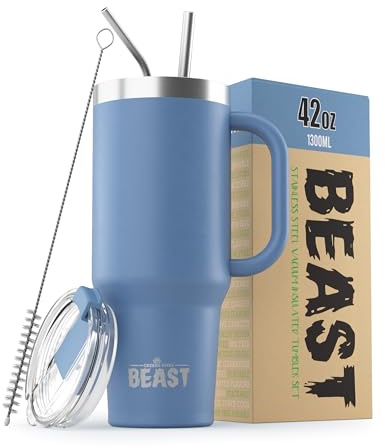 Beast Tumbler with Handle - 1300 ml (42 oz), Stormy Sky | Reusable Stainless Steel, Vacuum Insulated Cup | with + 2 Straws & Cleaning Brush | Double Wall Travel Flask Perfect for Hot or Iced Coffee